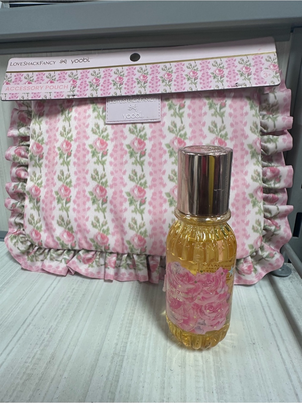 LoveShackFancy Heirloom Strawberry Floral Ruffled Accessory Pouch and Perfume mi